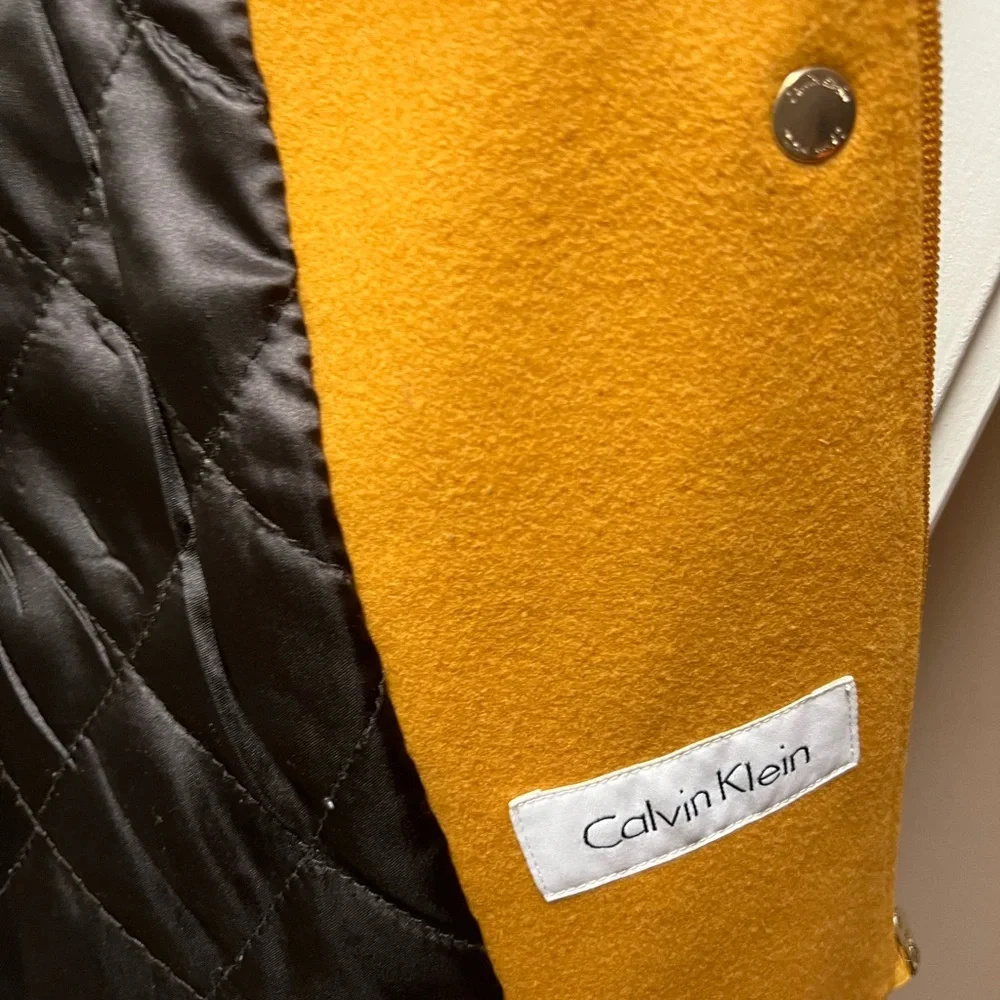 Calvin Klein mustard color wool blend hooded with fur pea coat toggle buttons - Picture 6 of 10